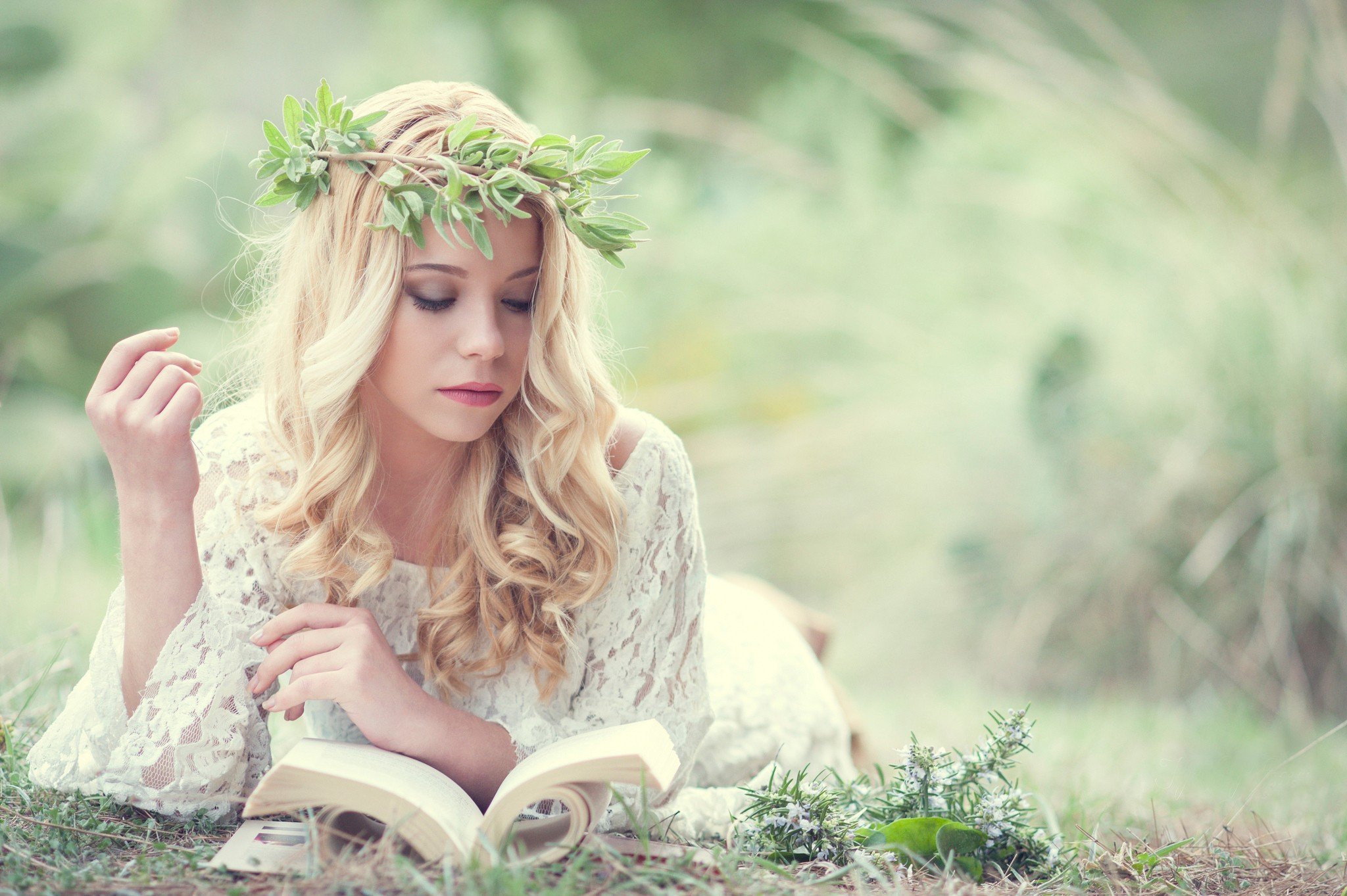 women, Blonde, Long hair, Model, Women outdoors, Reading, Books, White dress, Nature, Grass, Wreaths Wallpaper