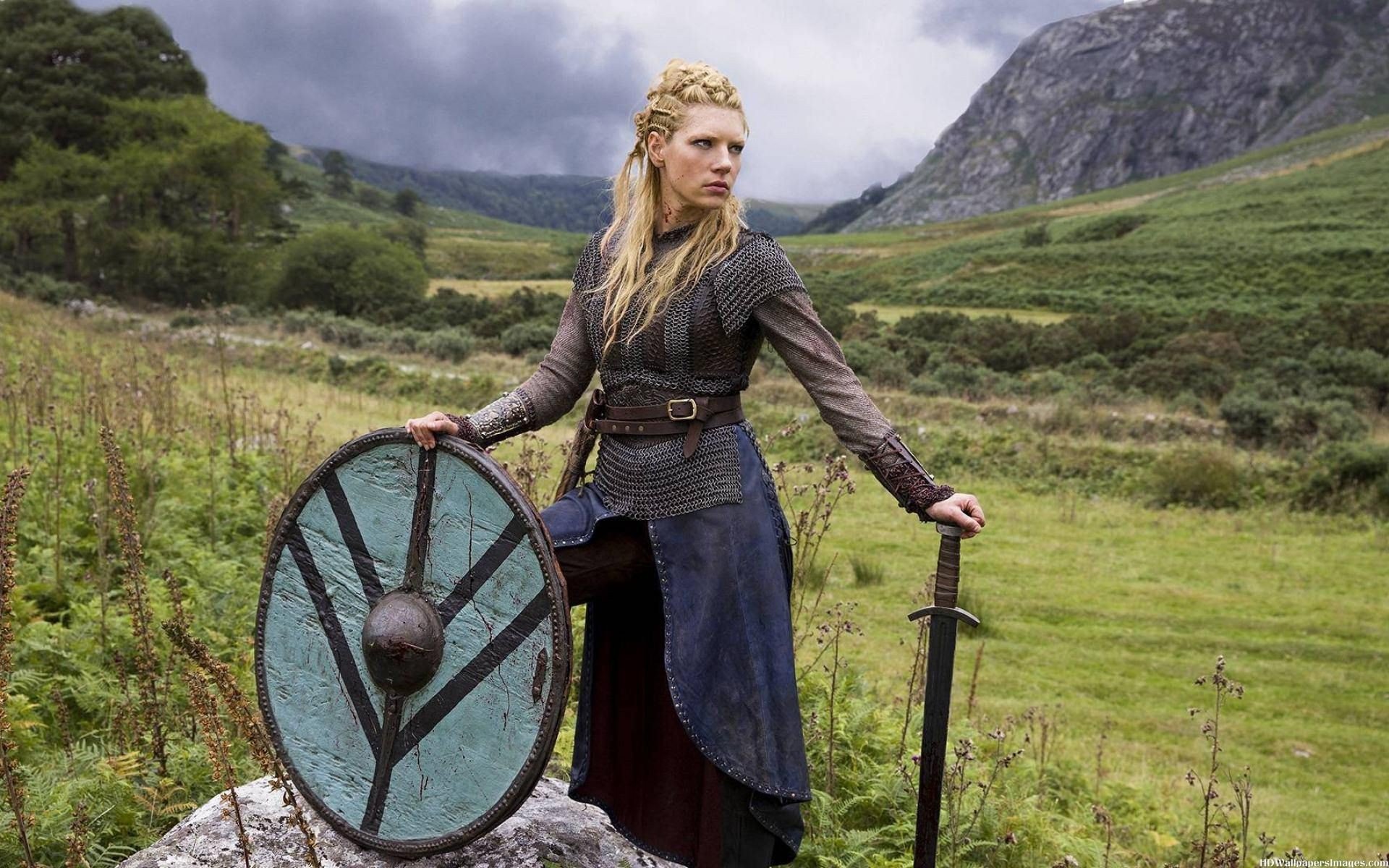 Vikings (TV series), Lagertha Lothbrok, Women, Shields, Sword, Actress, Women outdoors, Blonde, Nature, Landscape Wallpaper