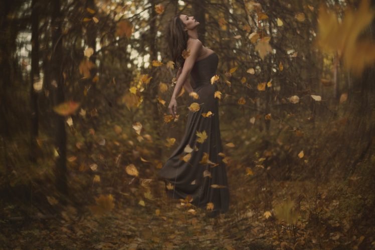 women outdoors, Fall, Leaves, Bokeh, Depth of field, Forest, Floating HD Wallpaper Desktop Background
