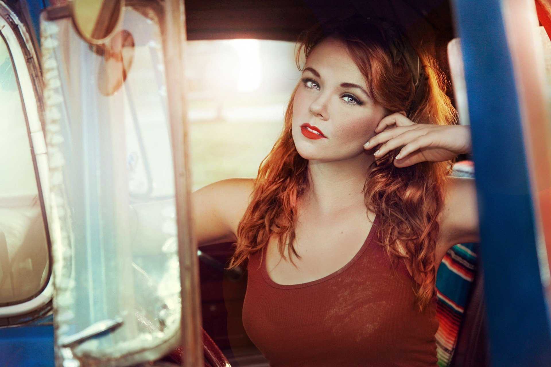 women, Redhead, Face, Car, Women with cars, Red lipstick, Blue eyes Wallpaper