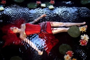 model, Ripples, Water lilies, Redhead, Water, Red dress