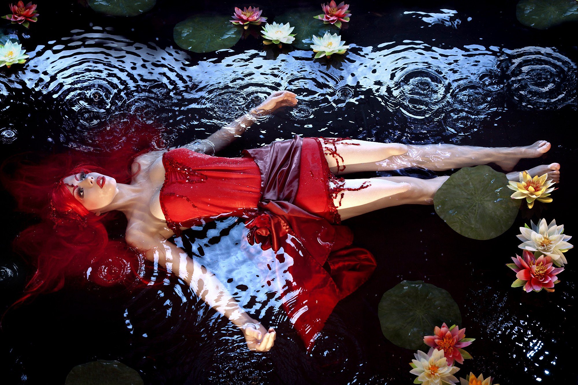 model, Ripples, Water lilies, Redhead, Water, Red dress Wallpaper