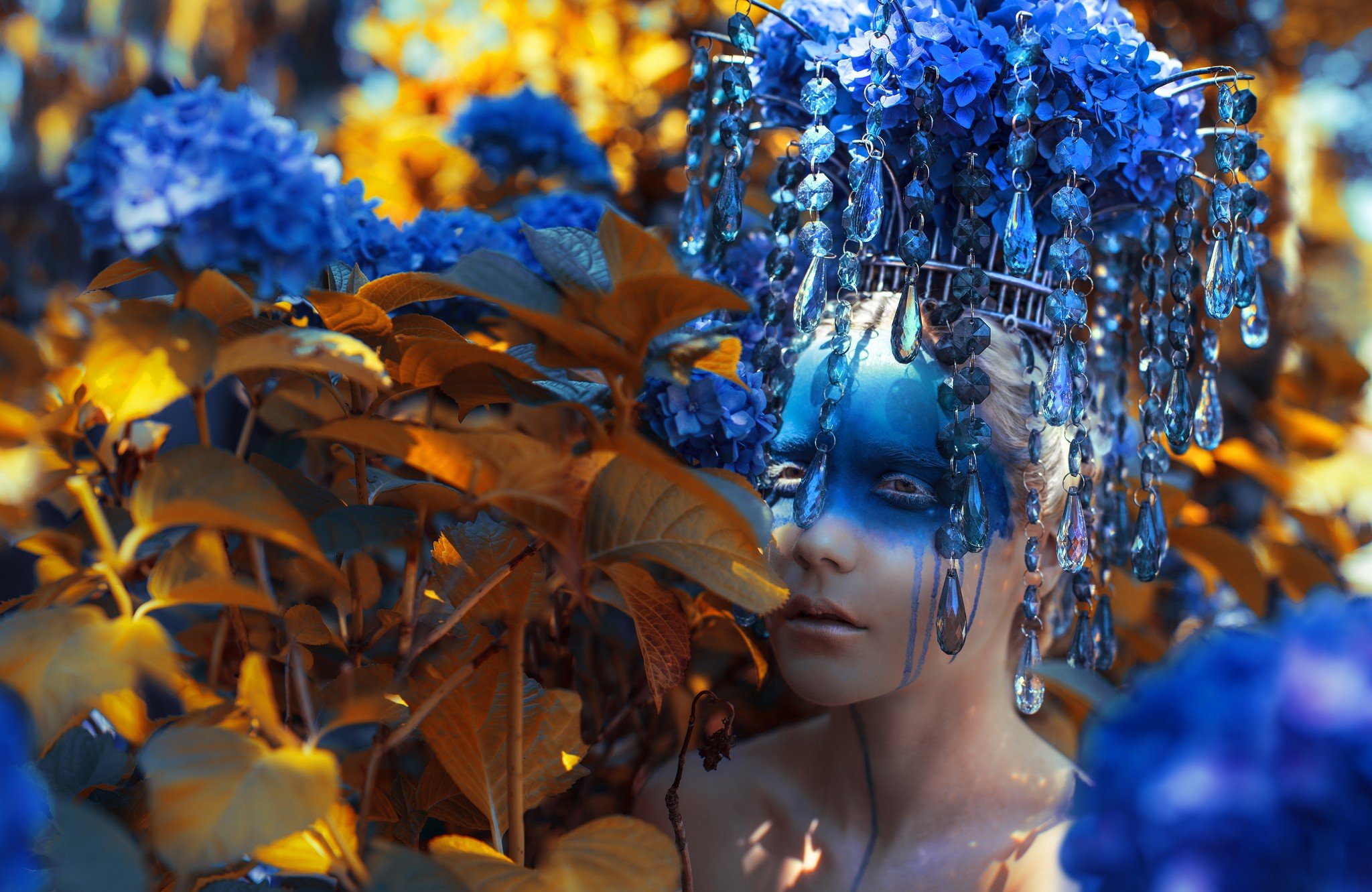 model, Fashion, Face paint, Leaves, Crystal, Headdress, Blue flowers Wallpaper