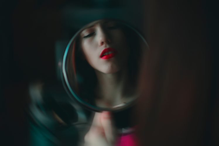 women, Model, Brunette, Face, Open mouth, Closed eyes, Red lipstick, Mirror, Blurred, Self shots, Long hair HD Wallpaper Desktop Background
