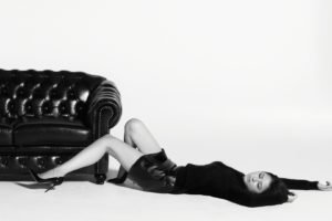 Masami Nagasawa, Lying down, Couch, Simple background, Black clothing, Asian, Women, Closed eyes, High heels