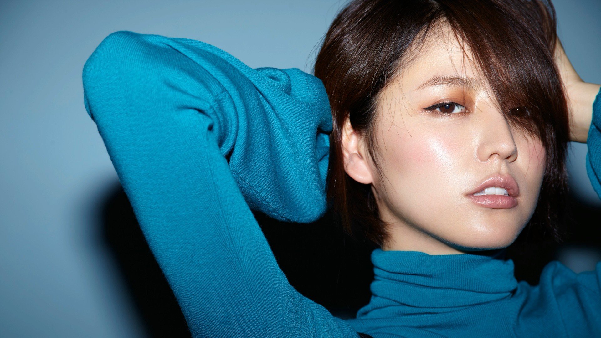 Masami Nagasawa, Blue background, Asian, Women, Brunette, Bangs, Sensual gaze, Turtlenecks Wallpaper