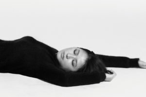 Masami Nagasawa, Lying down, Arms up, Closed eyes, Asian, Women, Black clothing, Simple background
