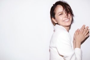 Masami Nagasawa, Smiling, Simple background, Hair in face, Asian, Women, White tops