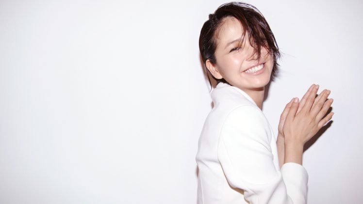 Masami Nagasawa, Smiling, Simple background, Hair in face, Asian, Women, White tops HD Wallpaper Desktop Background
