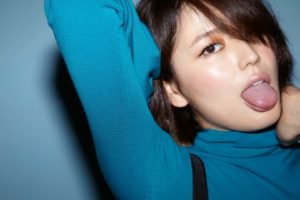 Masami Nagasawa, Tongues, Asian, Women, Face, Blue background, Short hair, Turtlenecks