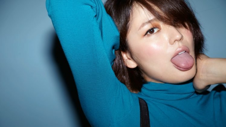 Masami Nagasawa, Tongues, Asian, Women, Face, Blue background, Short hair, Turtlenecks HD Wallpaper Desktop Background