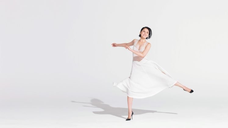 Masami Nagasawa, Dancing, White dress, Asian, Women, Simple background, Smiling, Shadow, Short hair HD Wallpaper Desktop Background