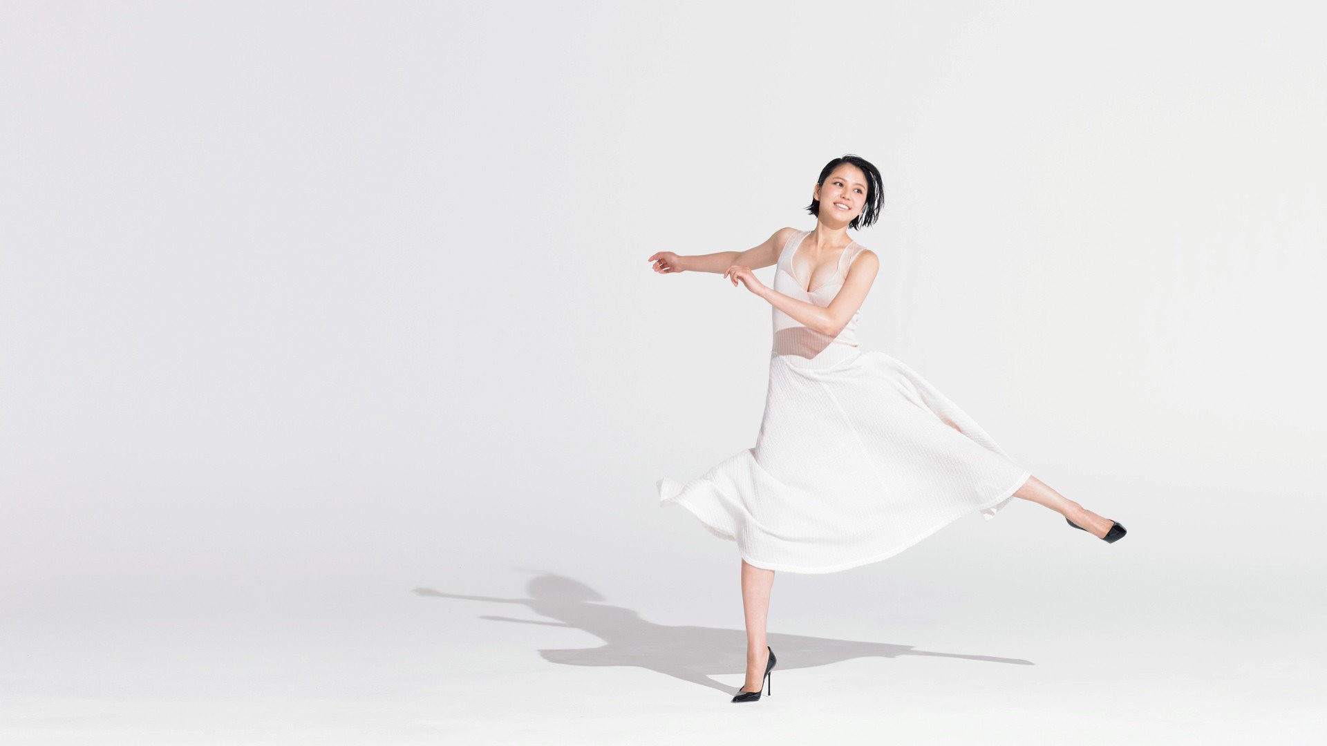 Masami Nagasawa, Dancing, White dress, Asian, Women, Simple background, Smiling, Shadow, Short hair Wallpaper