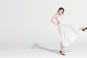 Masami Nagasawa, White dress, Short hair, Simple background, Asian, Women, Hands on hips