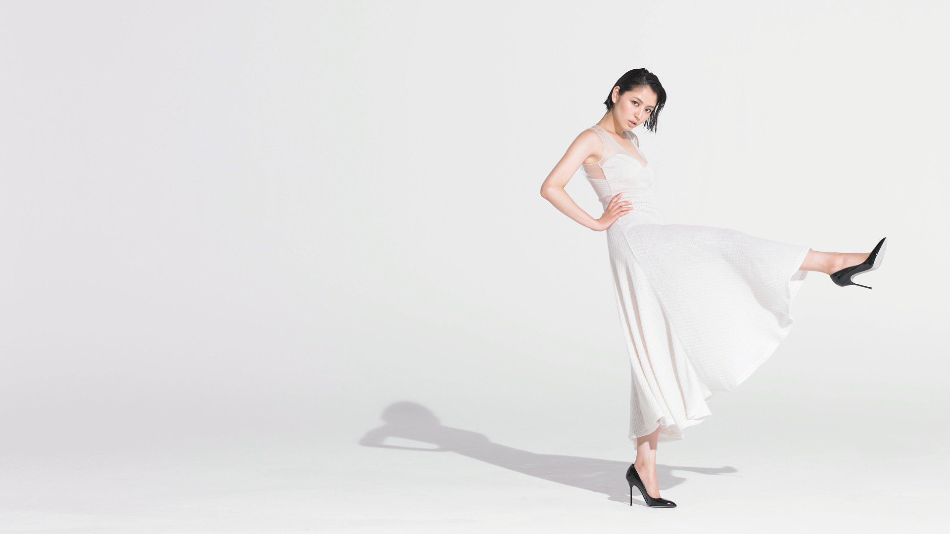 Masami Nagasawa, White dress, Short hair, Simple background, Asian, Women, Hands on hips Wallpaper