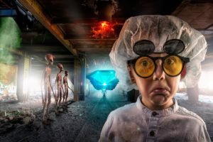 photo manipulation, Face, Glasses, Lab coats, Aliens, Abandoned, Building, Fire, Dust, Bricks, Rooftops