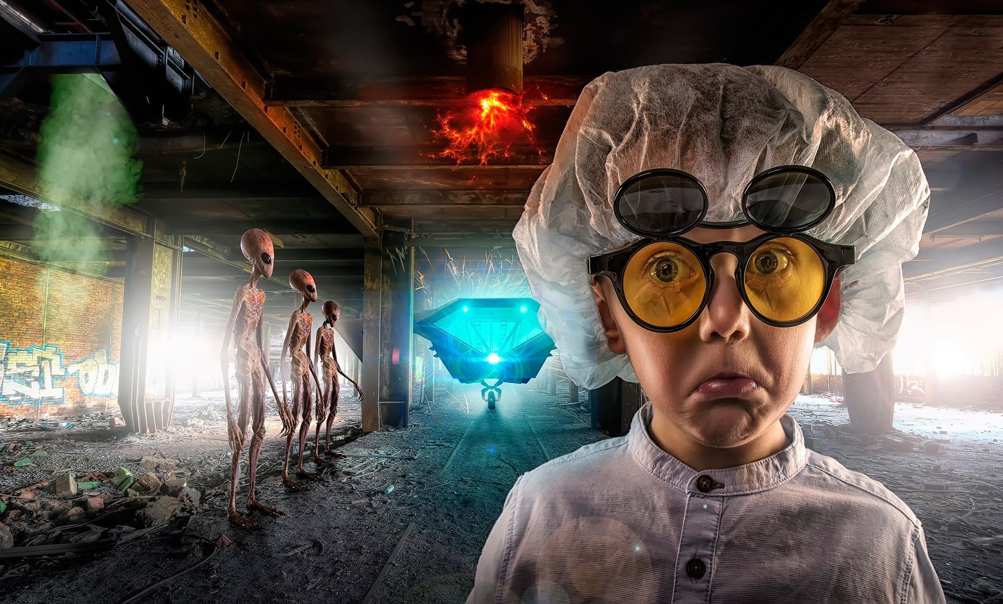 photo manipulation, Face, Glasses, Lab coats, Aliens, Abandoned, Building, Fire, Dust, Bricks, Rooftops Wallpaper