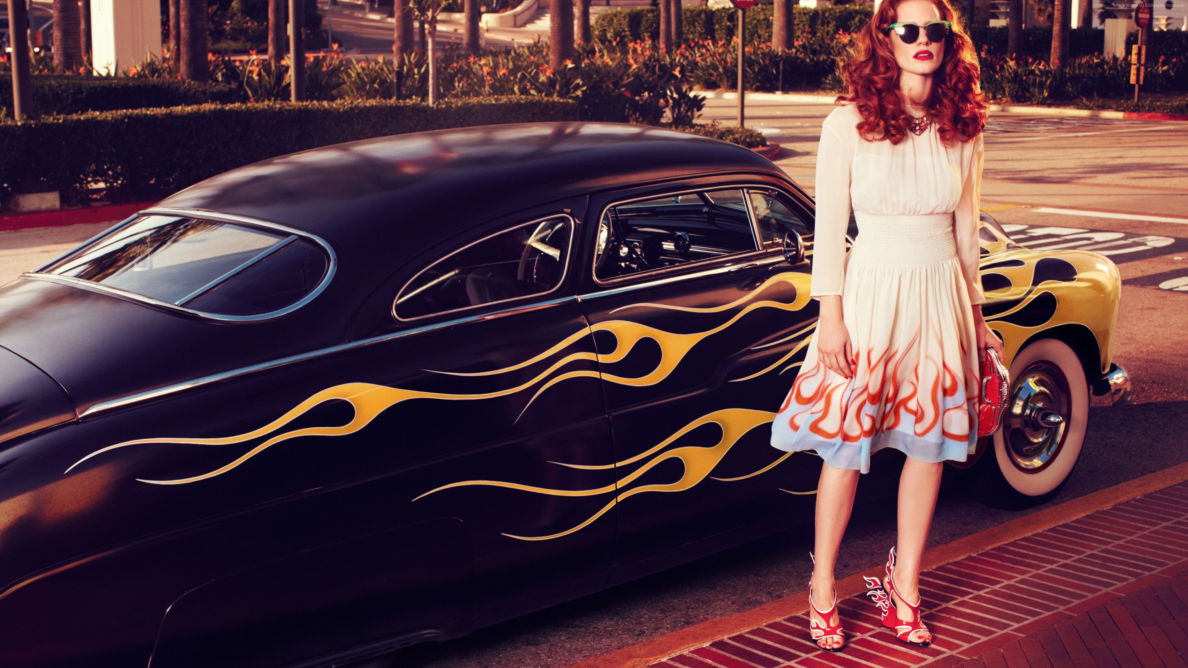 Jessica Chastain, Redhead, Car, Fire, Model, Women Wallpaper