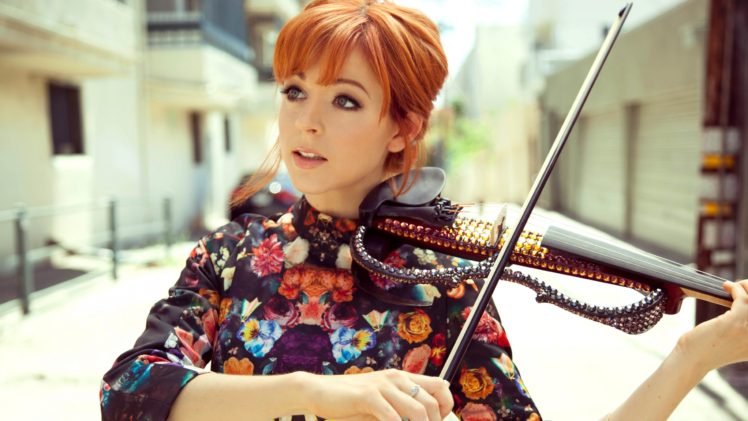 women, Redhead, Face, Women outdoors, Lindsey Stirling, Short hair, Violin, Open mouth, Playing, Street, Dress, Blue eyes, Musicians HD Wallpaper Desktop Background