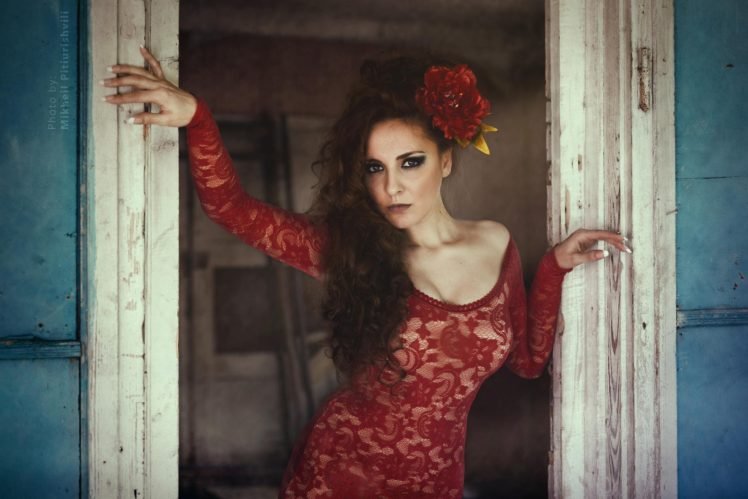 women, Model, Brunette, Red dress, Flower in hair HD Wallpaper Desktop Background