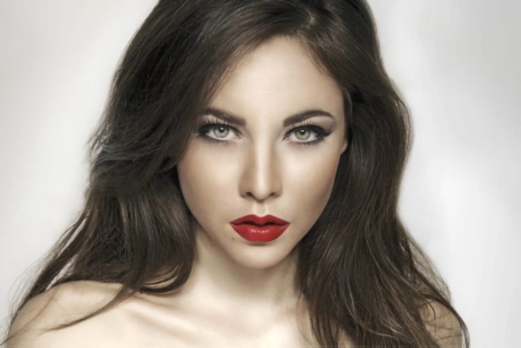 women, Model, Brunette, Red lipstick, Green eyes, Face HD Wallpaper Desktop Background