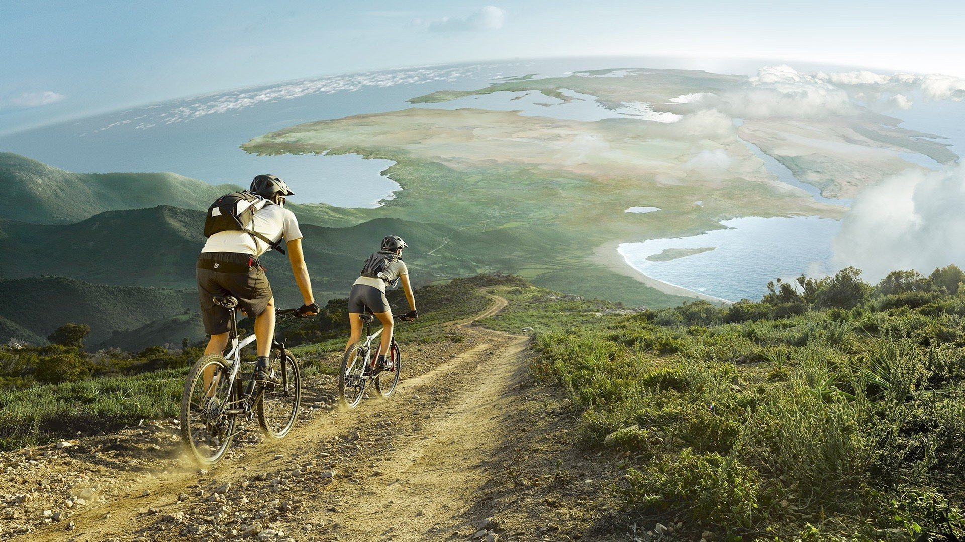 men, Women, Cycling, Nature, Landscape, Hill, Bicycle, Africa, Europe, Sea, Road, Photo manipulation, Clouds Wallpaper