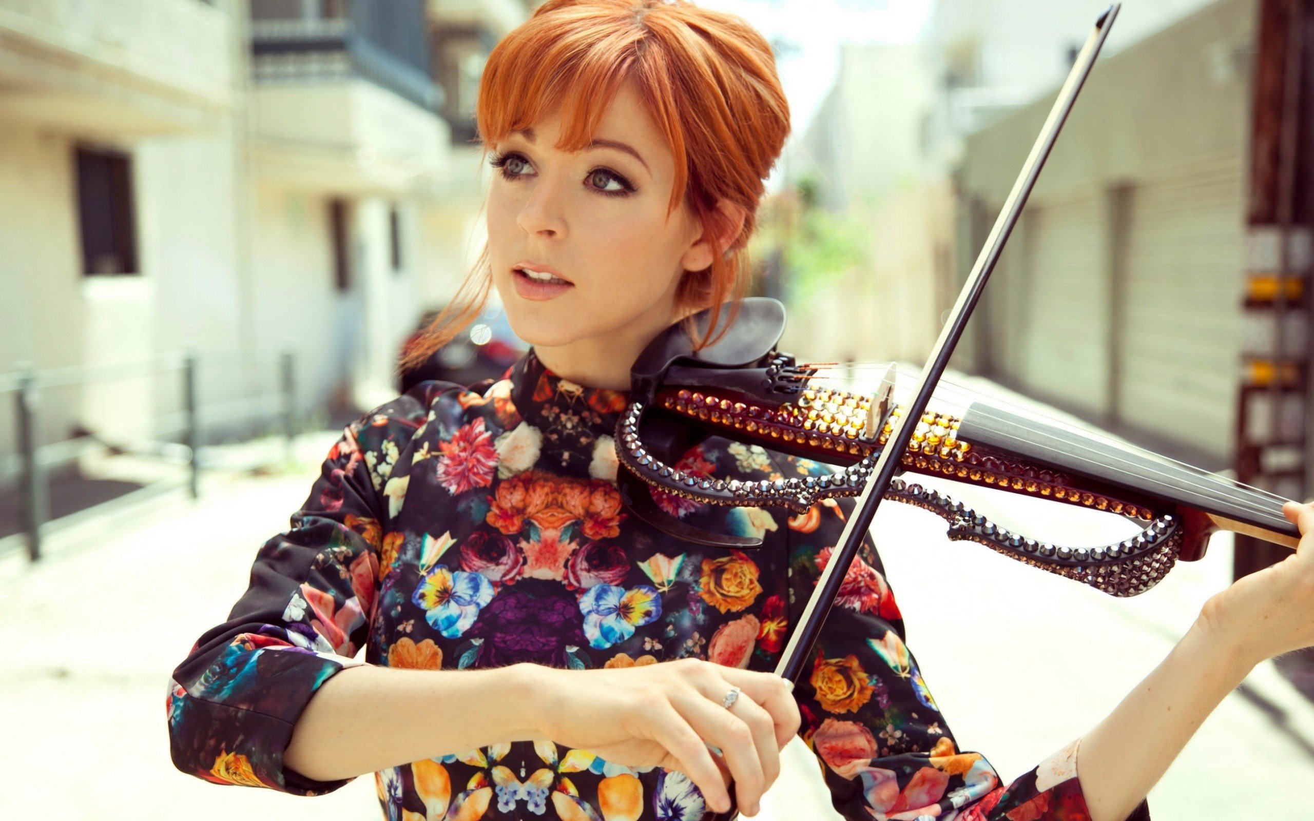 women, Redhead, Violin, Bangs, Dress, Lindsey Stirling Wallpaper