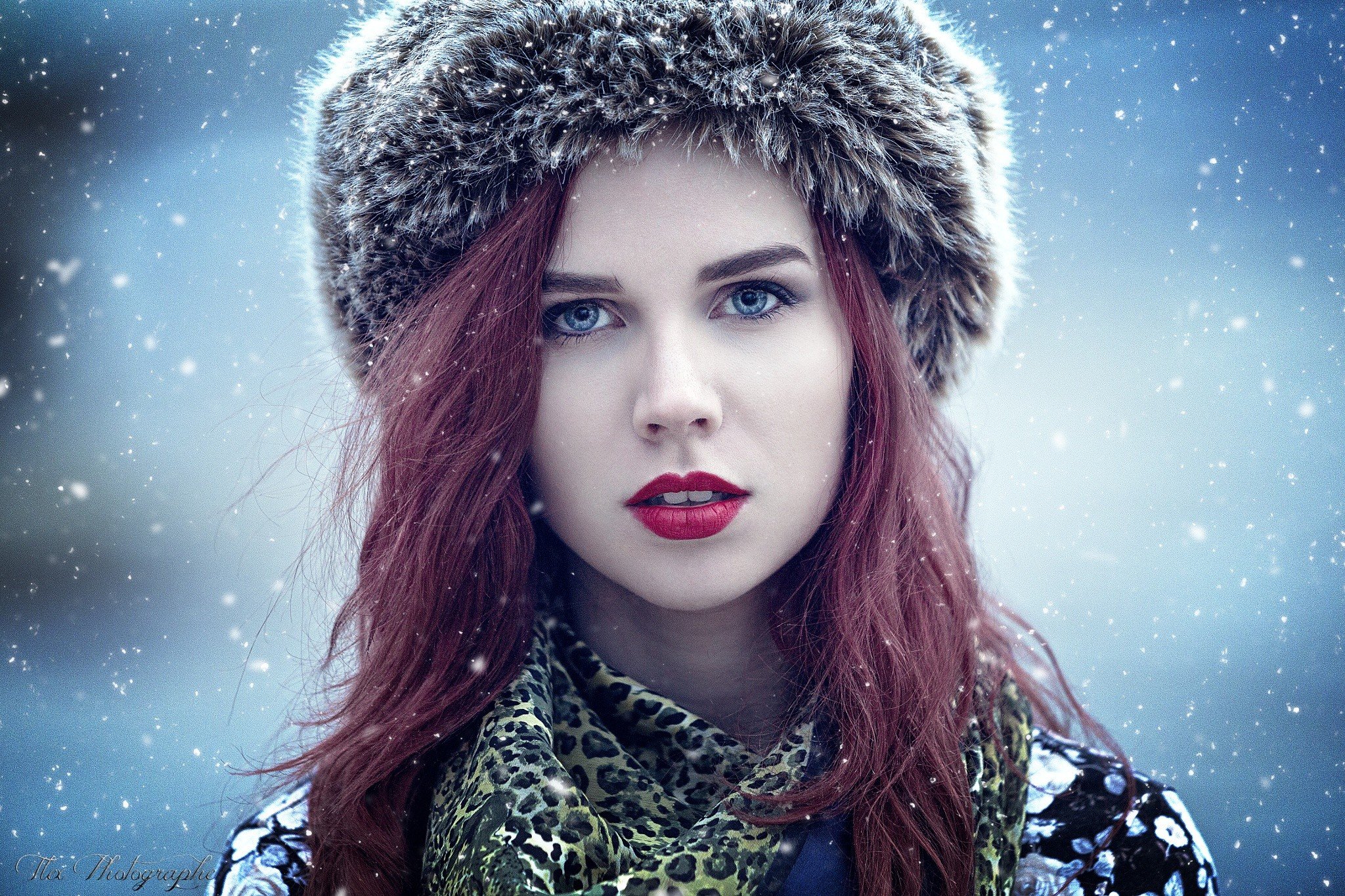women, Model, Redhead, Red lipstick, Blue eyes, Winter Wallpaper