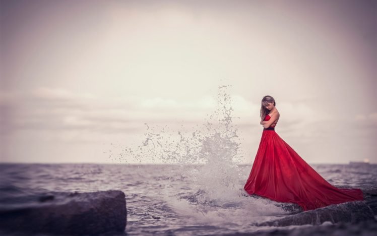 women, Sea, Dress, Red HD Wallpaper Desktop Background