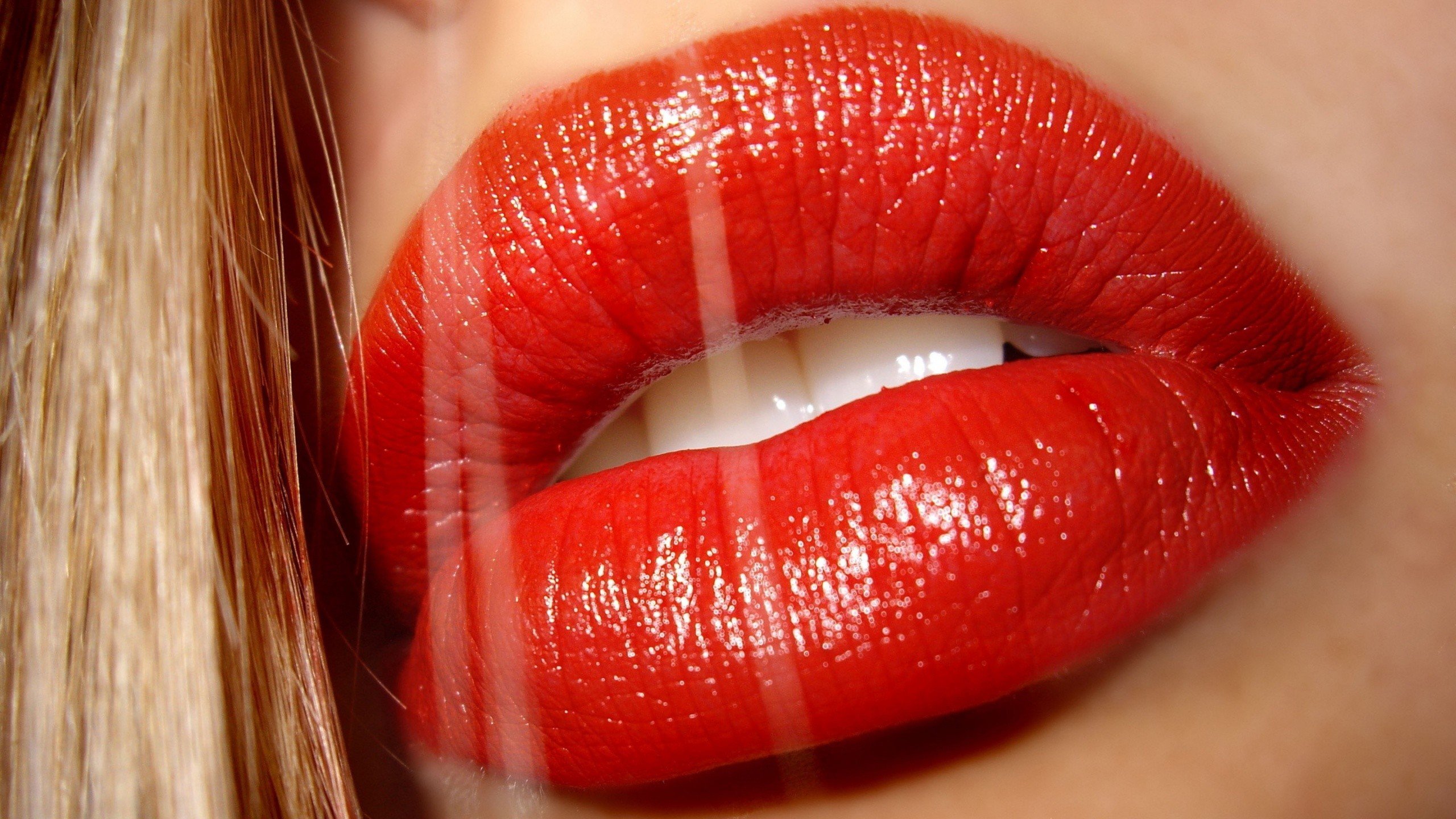 women, Model, Blonde, Long hair, Lips, Red lipstick, Teeth, Open mouth, Macro, Shiny Wallpaper