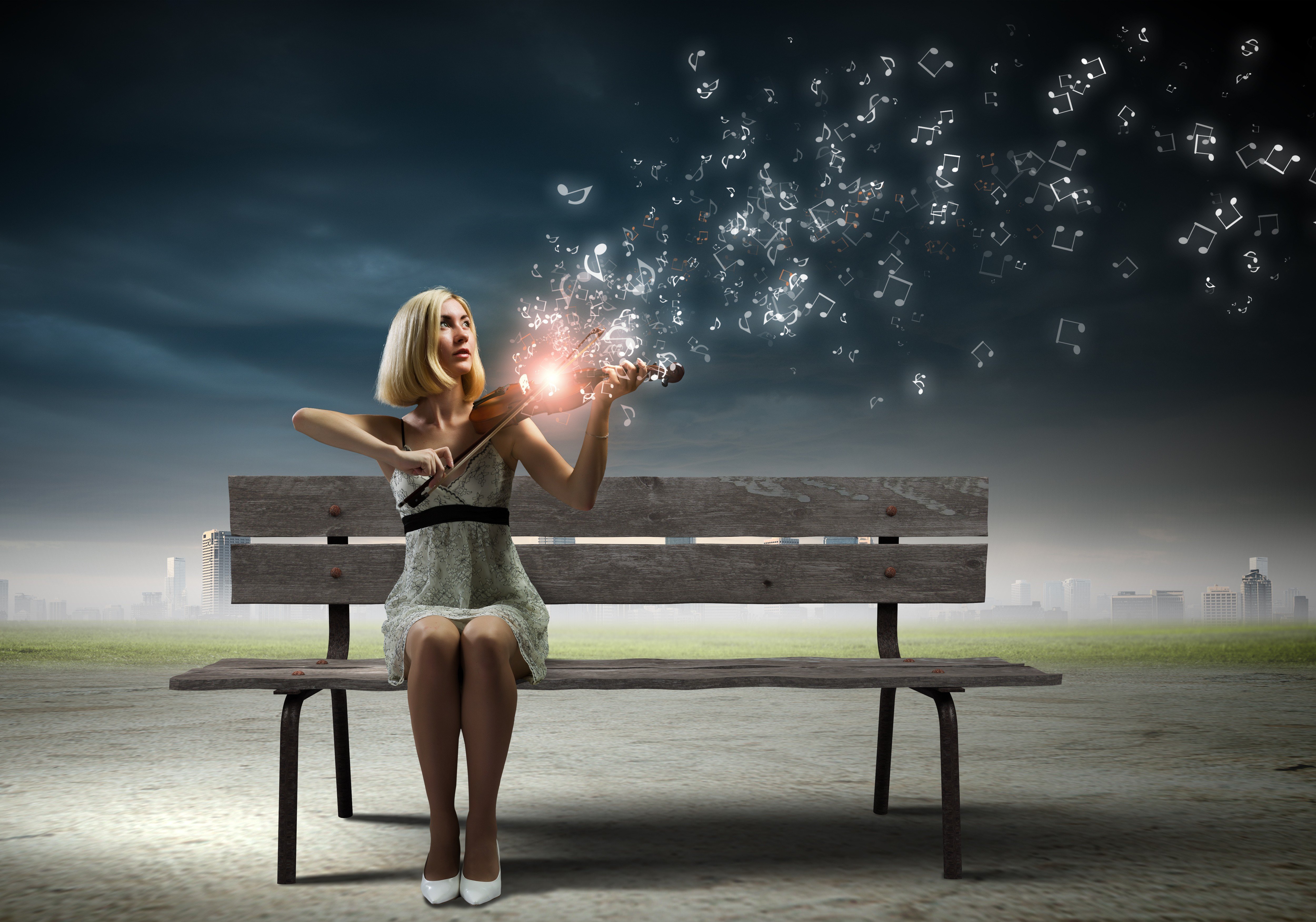 women, Model, Blonde, Long hair, Photo manipulation, Digital art, Sitting, Bench, Playing, Violin, Musicians, Music, Clouds, Lights, Cityscape, Women outdoors Wallpaper