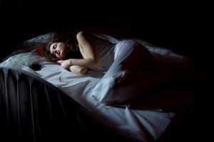 women, Model, Brunette, Long hair, White dress, Sleeping, Closed eyes, In bed, Black background