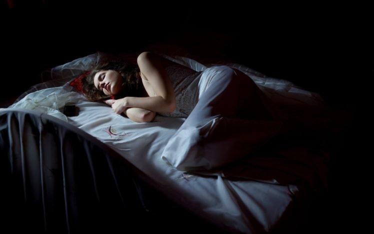 women, Model, Brunette, Long hair, White dress, Sleeping, Closed eyes, In bed, Black background HD Wallpaper Desktop Background