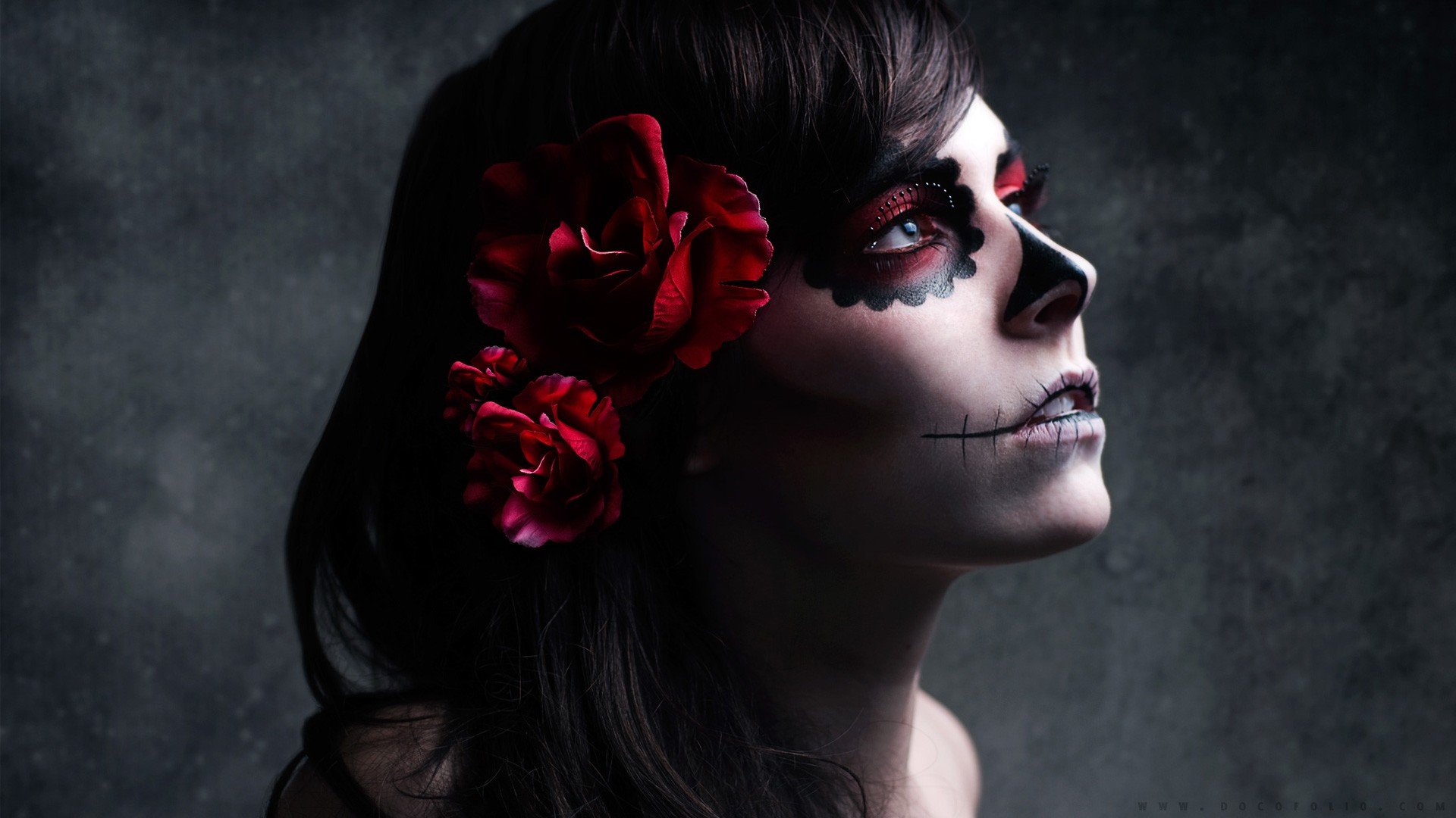 Dia de los Muertos, Makeup, Brunette, Flowers, Sugar Skull Wallpaper