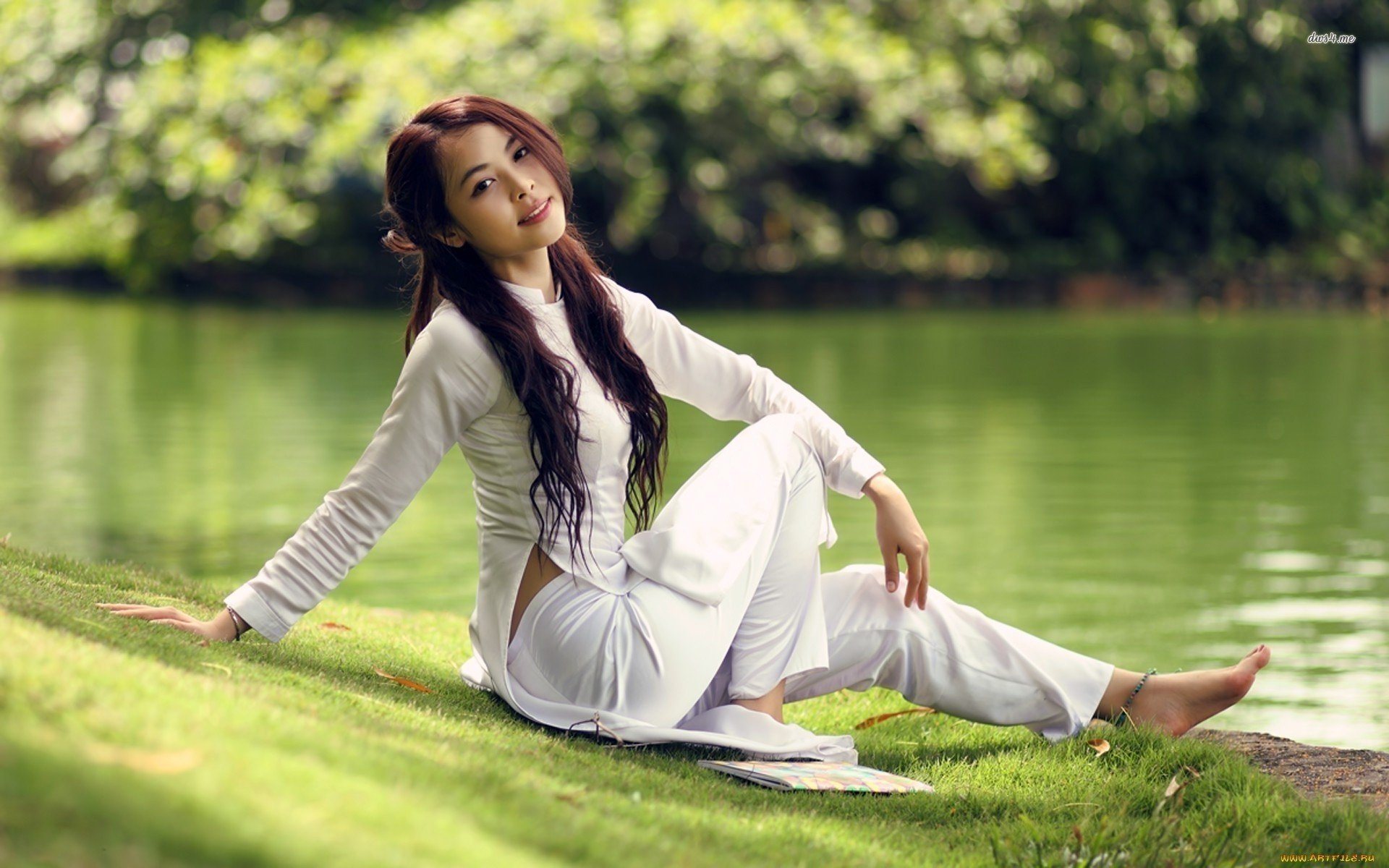 Women Model Brunette Long Hair Women Outdoors Asian Grass Water Trees Park Smiling