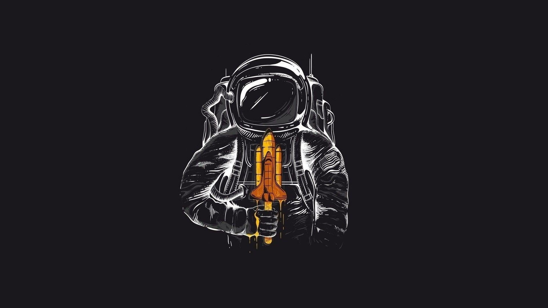 astronaut, Humor, Space shuttle, Minimalism, Black background, Selective coloring Wallpaper