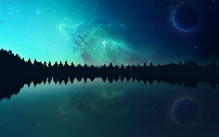 nebula, Space, Planet, Lake, Evening, Photo manipulation HD Wallpaper Desktop Background