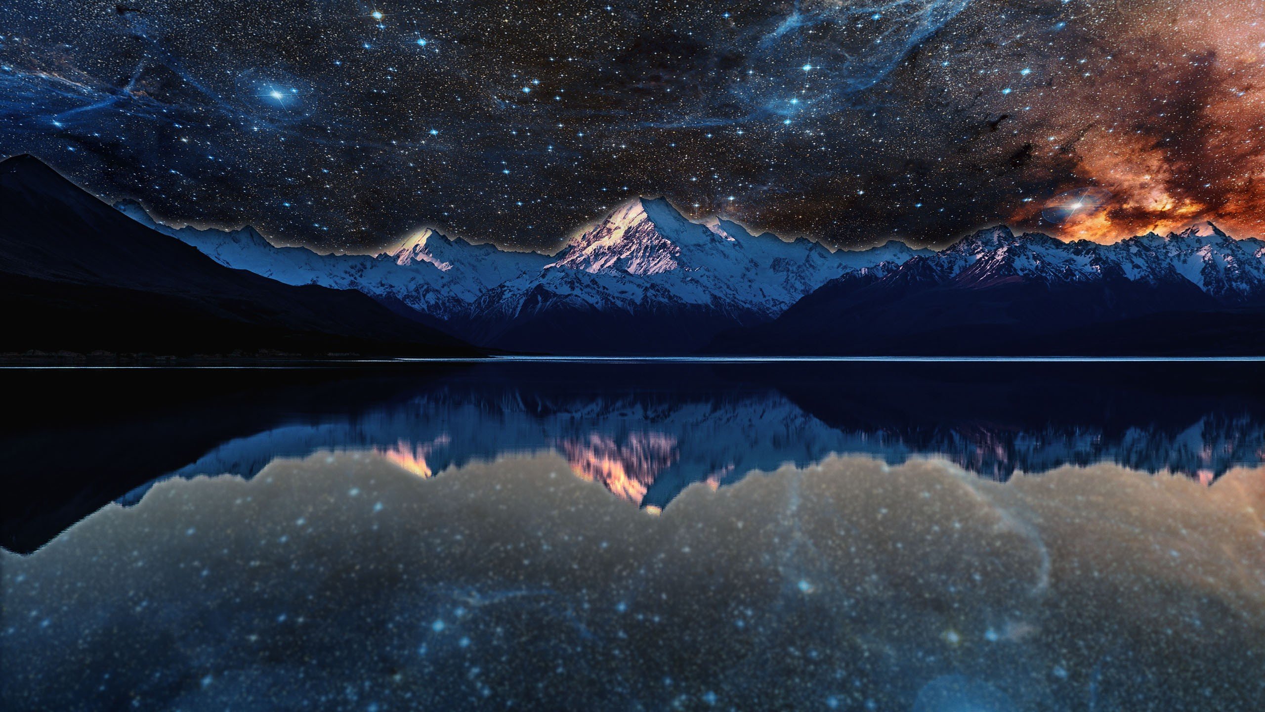 nebula, Lake, Space, Stars, Water, Reflection, Evening, Photo manipulation Wallpaper