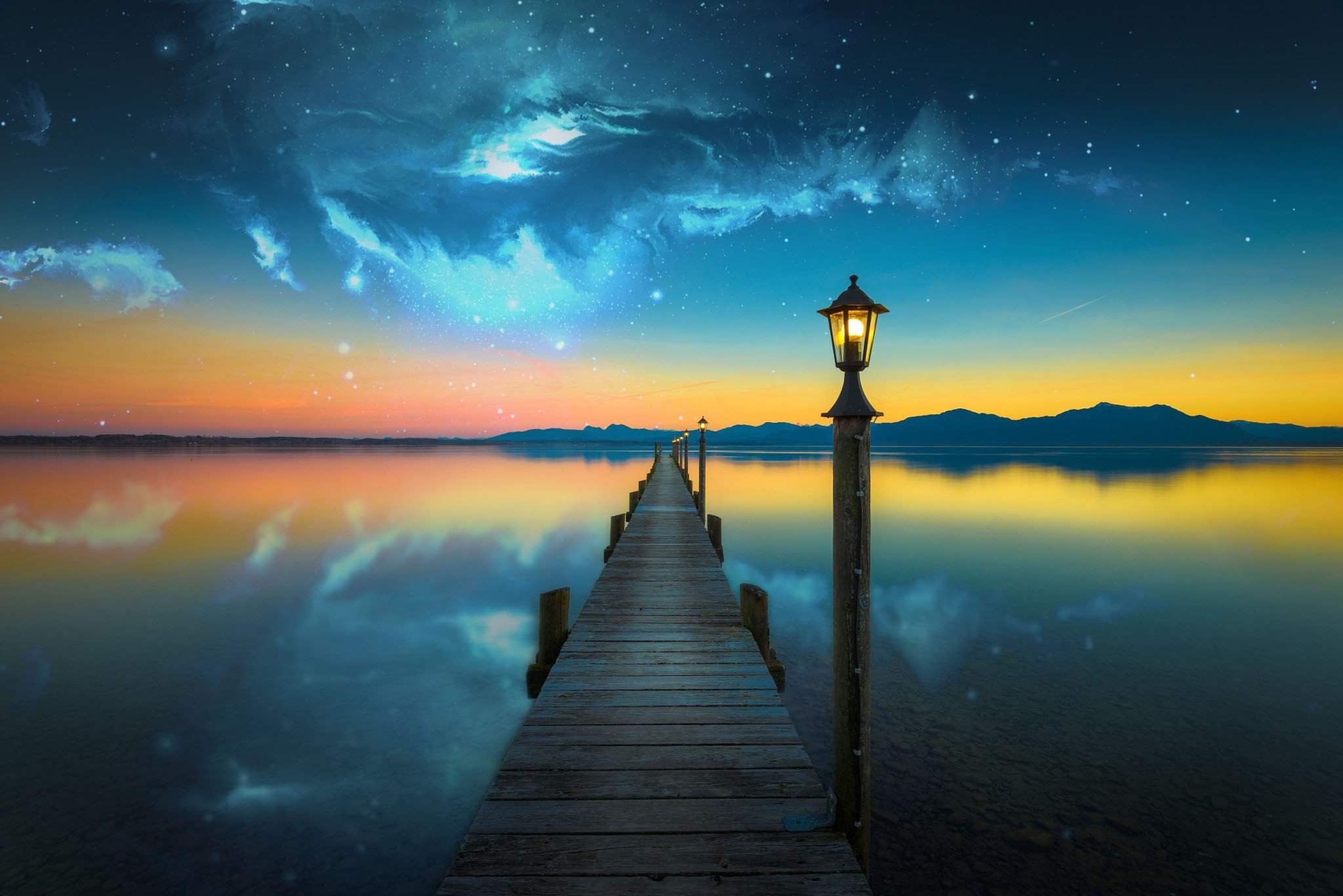 nebula, Space, Lake, Evening, Photo manipulation, Bridge  