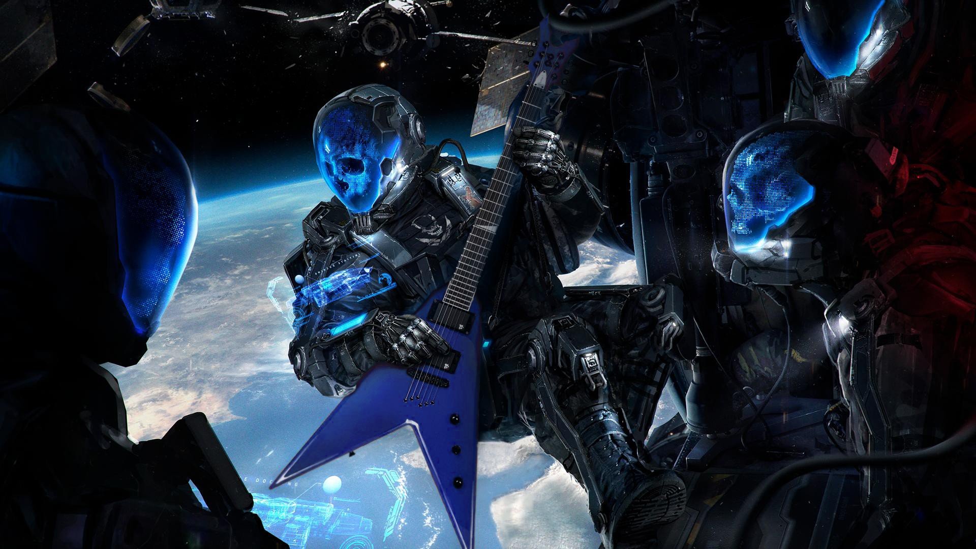 science fiction, Skull, Guitar, Space, Futuristic, Earth, Blue Wallpaper