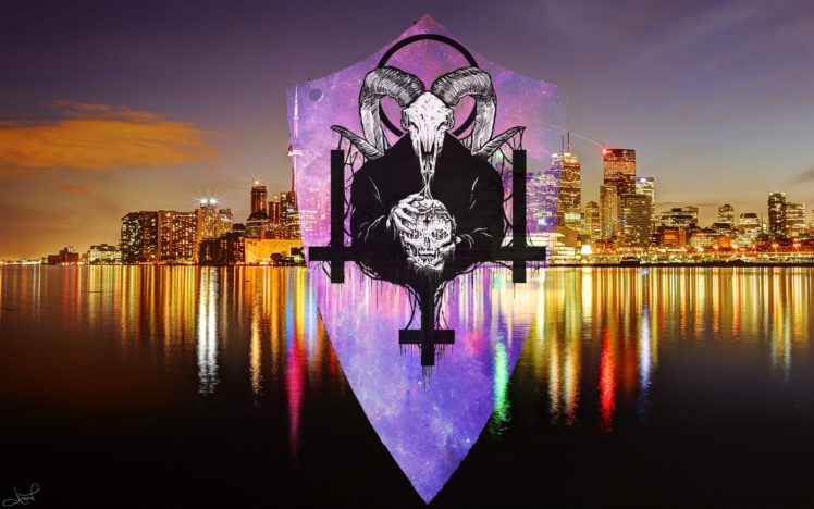 demon, Toronto, Lights, Cross, Skull, Space, Reflections HD Wallpaper Desktop Background