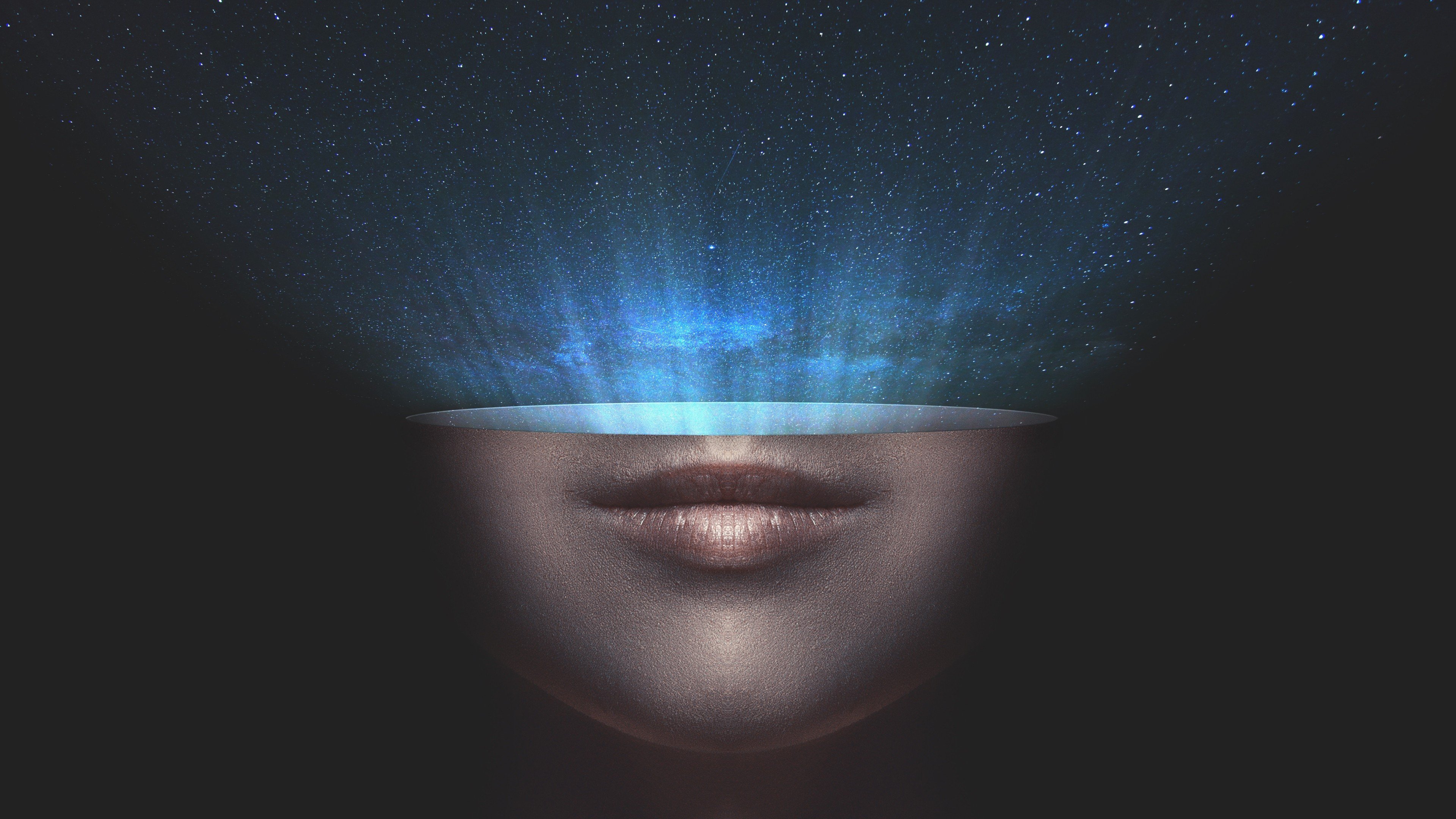 women, Face, Mouth, Fantasy art, Space, Universe, Lights, Stars, Digital art, Simple background, Artwork, Atmosphere Wallpaper