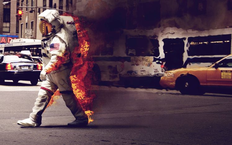 space suit, Jack Crossing, Astronaut, Street, NASA, Space, New York City, Fire, Burning HD Wallpaper Desktop Background
