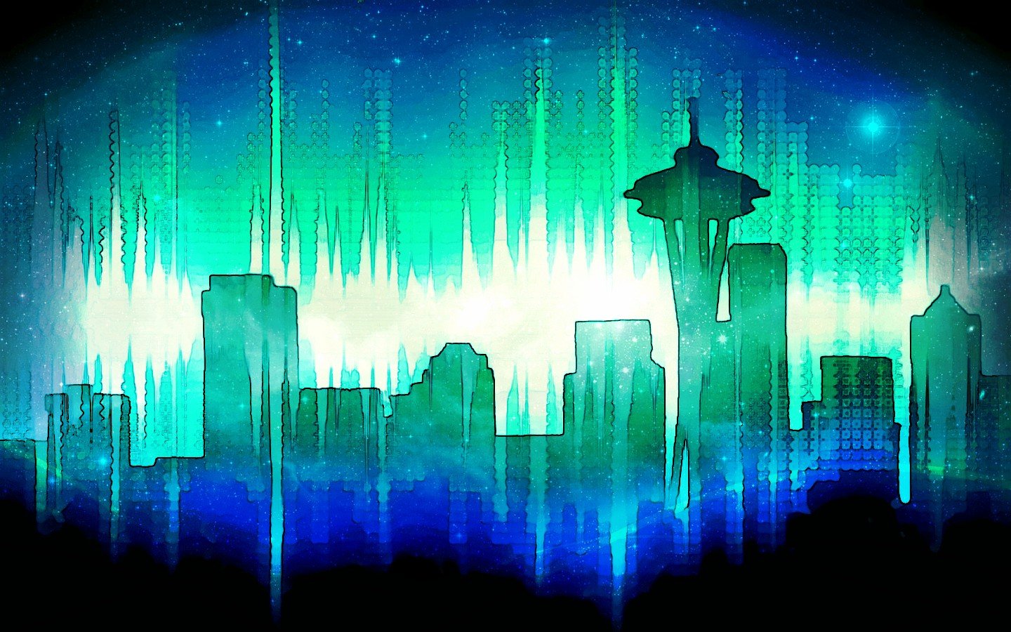 Seattle, Cityscape, Skyline, Blue, Green, Stars, Space Needle Wallpaper