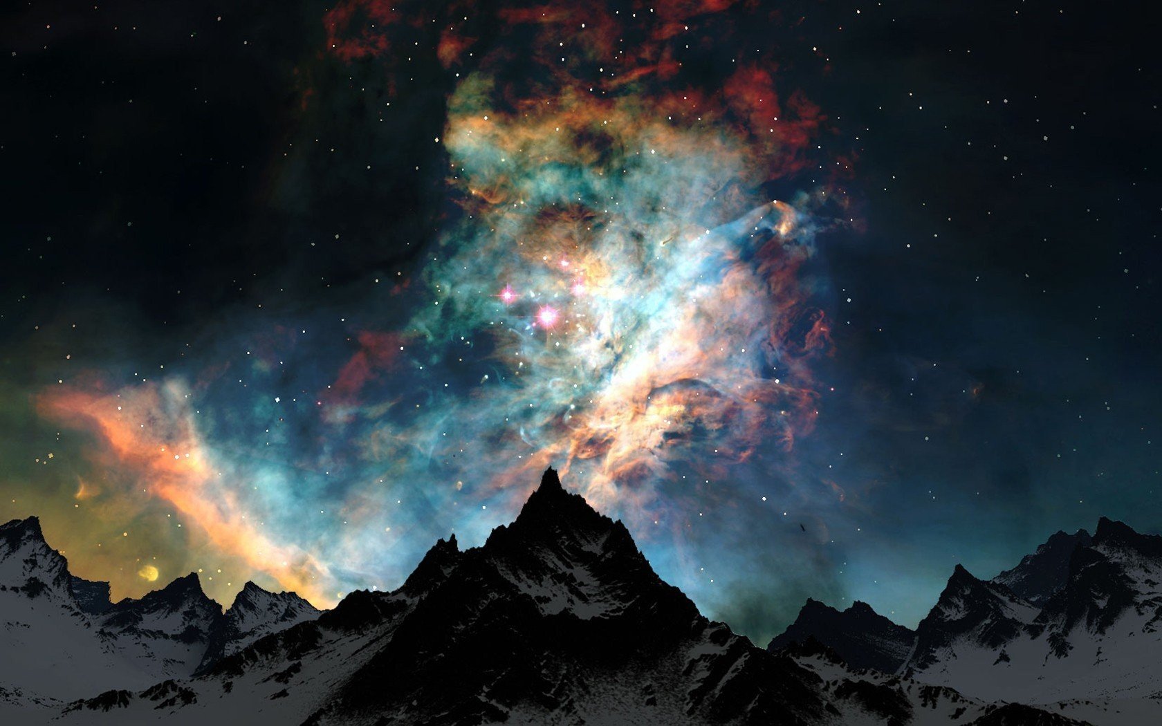 space, Stars, Nebula, Galaxy, Mountains, Snowy peak, Space art, Earth, Atmosphere, Clouds Wallpaper