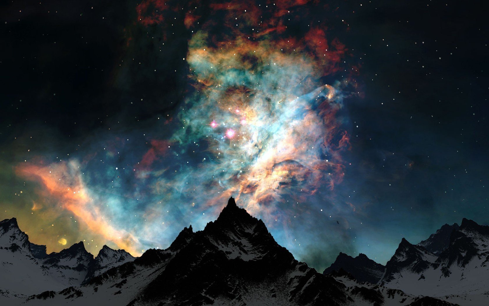 space, Stars, Nebula, Galaxy, Mountains, Snowy peak, Space art, Earth