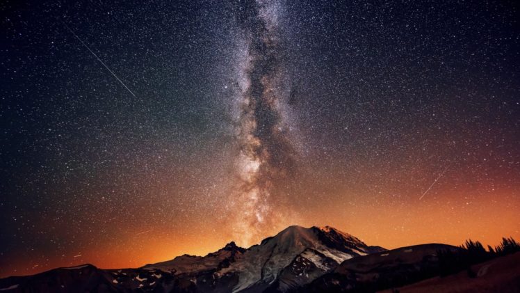 space, Stars, Nebula, Galaxy, Mountains, Snowy peak, Space art, Earth, Atmosphere, Clouds HD Wallpaper Desktop Background