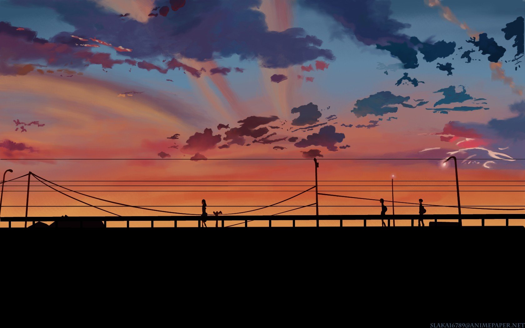 5 Centimeters Per Second, Bridge, Sunset, Power lines, Silhouette, Clouds, Utility pole Wallpaper