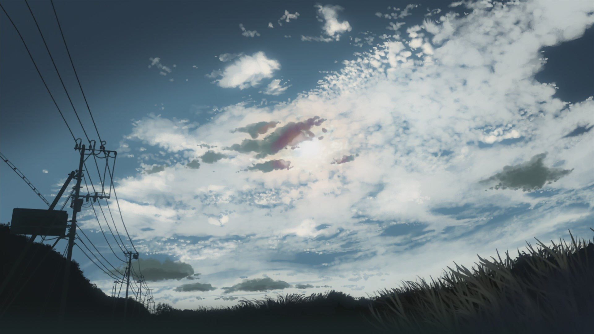 5 Centimeters Per Second, Clouds, Grass, Power lines, Utility pole Wallpaper
