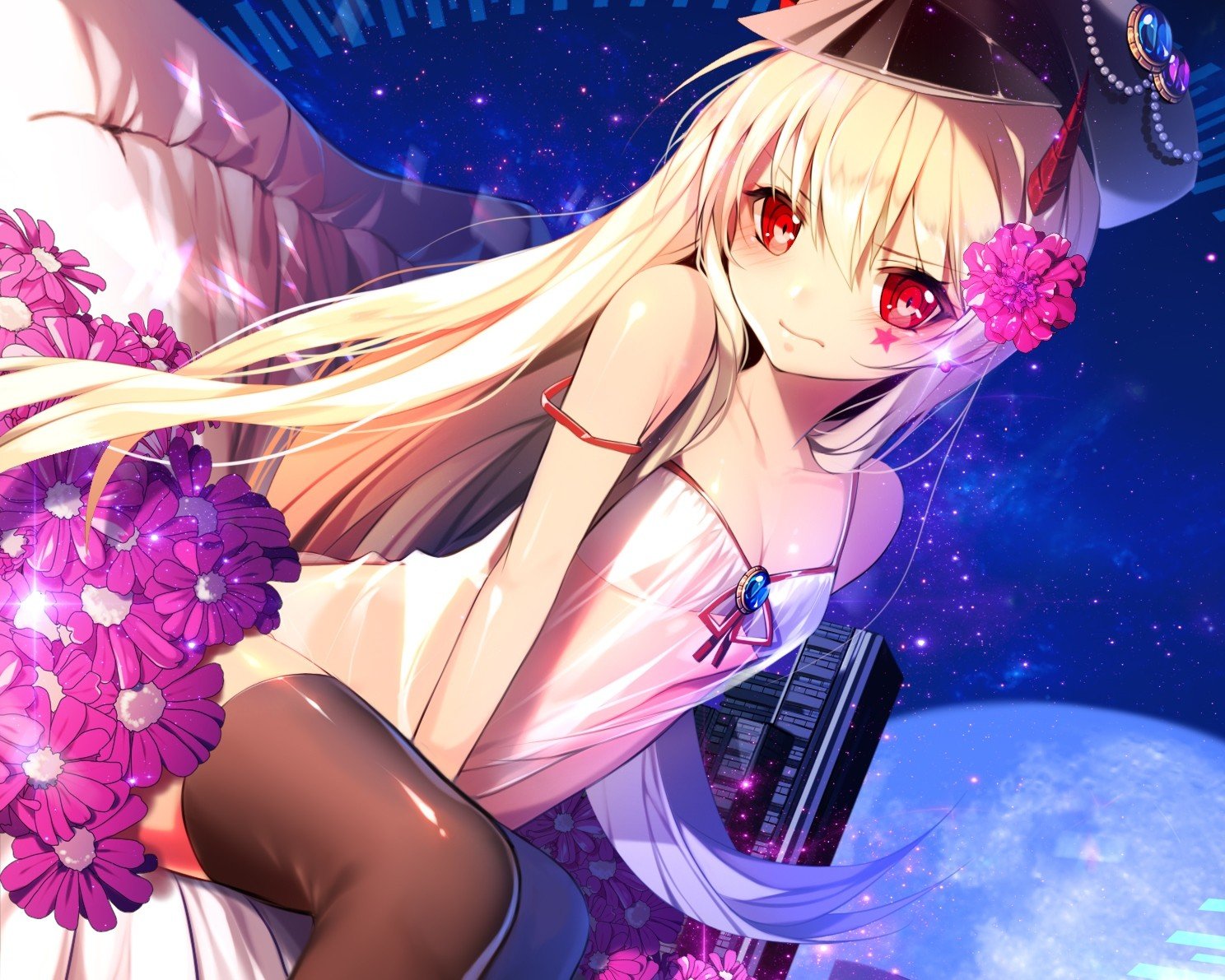 flowers, Anime girls, Red eyes, Anime, Unleashed (game), Thigh highs Wallpaper